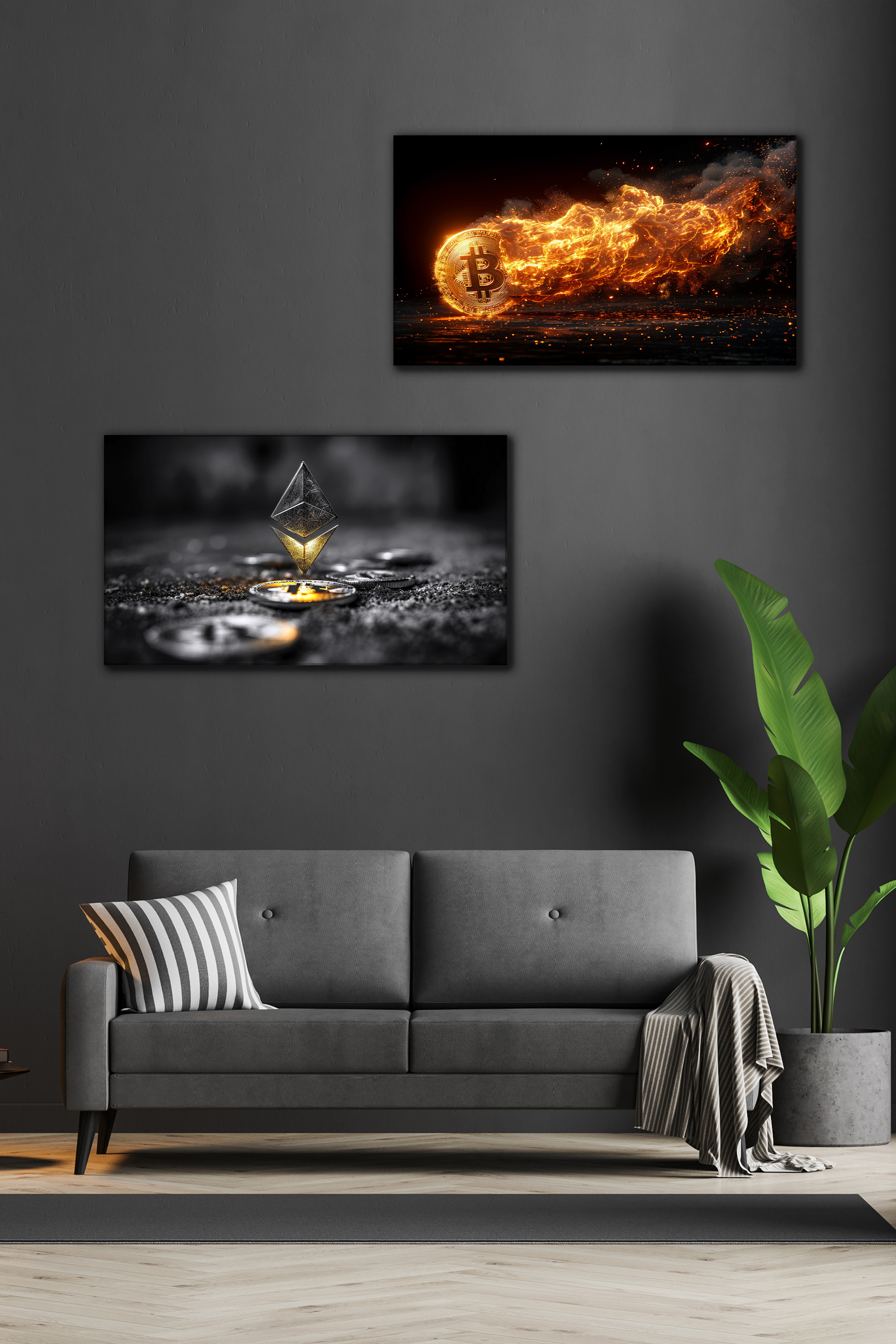 Titan Forge crypto art metal panel displayed on a wall at real scale